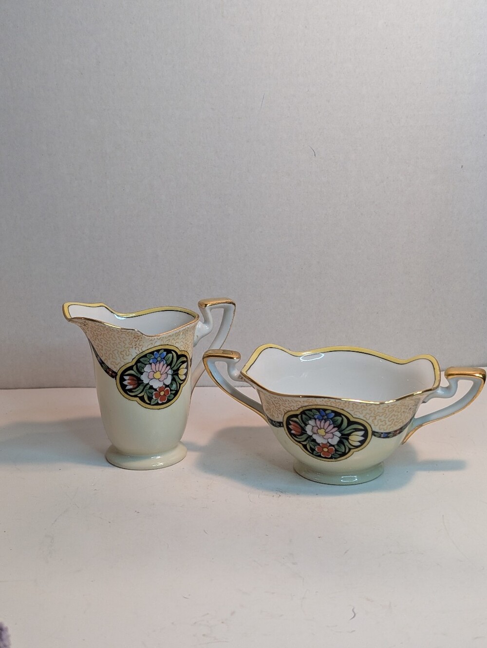 Vintage NORITAKE Open Sugar Bowl And Creamer RED MARK Yellow & Gold Trim -Floral